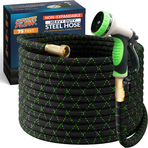 Non-Expandable 75 Feet Stainless Steel Garden Hose With Durable Fabric Skin, Heavy Duty Metal Water Hose, Spray Nozzle
