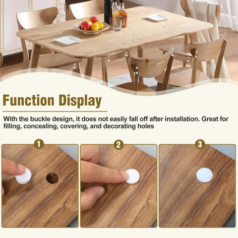 30 Pack 8mm White Plastic Hole Plugs With Snap In Locking End Caps on wood table, showing installation steps.