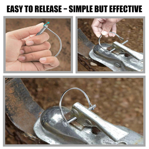 Pack Of 10 Trailer Pins And Locking Pins Set 2.75 Inch Length And 0.25 Inch Diameter for Trailer Hitch Pin Lock shown in use on coupler