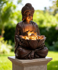 Buddha Outdoor Water Fountain With LED Lights And Pump, Zen Style Garden Waterfall For Patio Or Yard, Faux Bronze Finish