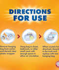 Directions for use of Fragrance Free Hanging Moisture Absorber And Odor Eliminator 2 Pack For Closets And More with step-by-step illustrations.