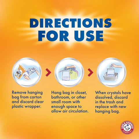Directions for use of Fragrance Free Hanging Moisture Absorber And Odor Eliminator 2 Pack For Closets And More with step-by-step illustrations.