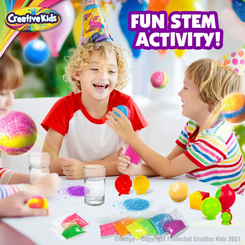 Children playing with DIY Magic Bouncy Ball Kit For Kids STEM Science Toys Set With 25 Multicolor Bags And 5 Molds Makes Up To 43 Balls