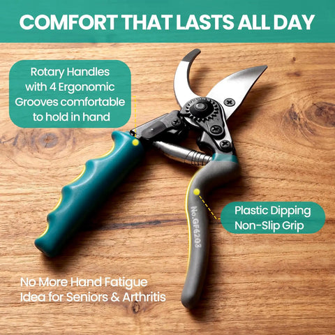 Heavy Duty Pruning Shears With Kinetic Swivel Handle For No Sweat Garden Trimming, arthritis friendly, teal on wood surface