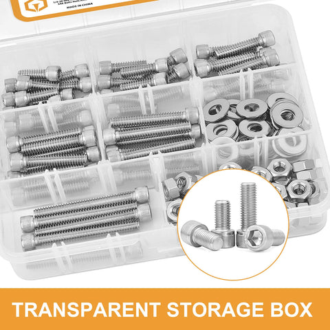 Must-Have 1/4-20 Hex Socket Head Cap Screws Set, 175-Piece Stainless Steel 304 18-8 UNC Bolts, Nuts, Washers in box
