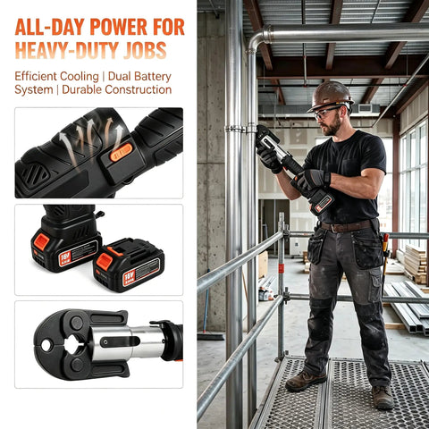 Man using Heavy Duty 18V Electric Pipe Crimping Tool Kit With 60KN Force And High Carbon Steel Head on plumbing pipes.