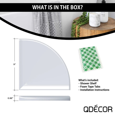 Diagram showing dimensions of Oil Rubbed Bronze 9 Inch Corner Shower Shelf For Inside Tiled Showers with foam tape tabs and instructions included