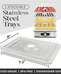Kitchen Workhorse Food Dehydrator Featuring Durable Stainless Steel Trays And Adjustable Temperature Dials showing five stackable trays with fruits.