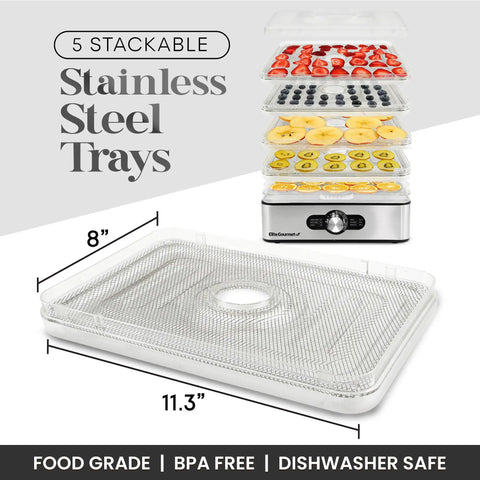 Kitchen Workhorse Food Dehydrator Featuring Durable Stainless Steel Trays And Adjustable Temperature Dials showing five stackable trays with fruits.
