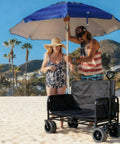 Heavy Duty Folding Wagon Cart With Wheels 560Lbs Load 240L Capacity on beach with people using sunshade