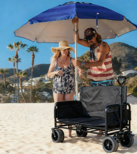 Heavy Duty Folding Wagon Cart With Wheels 560Lbs Load 240L Capacity on beach with people using sunshade