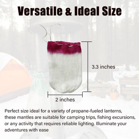 3.3 x 2 inches burgundy top lantern mantle, part of 20 Pack Propane Lantern Mantles With U Shape Design And String Tie For Universal Fit.