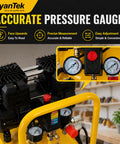 15 Gallon Air Compressor With 2 HP Twin Cylinder Vertical Tank 4.5 CFM At 90 PSI Quiet 66 dB Oil Free 125 PSI Max, pressure gauge detail