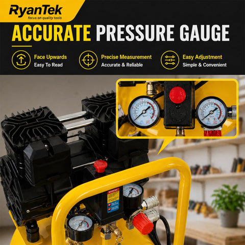 15 Gallon Air Compressor With 2 HP Twin Cylinder Vertical Tank 4.5 CFM At 90 PSI Quiet 66 dB Oil Free 125 PSI Max, pressure gauge detail