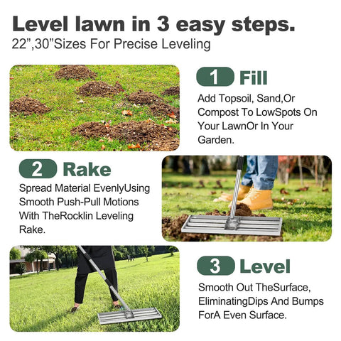 Lawn Leveling Rake With 76 Inch Handle, Stainless Steel Ground Leveler For Spreading Sand Soil Seed Gravel displayed on grass.