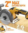 Image of 6 Inch Brushless Cordless Circular Saw Compatible With DeWalt 20V Max Battery showing 2" max cutting depth and depth adjustment feature.