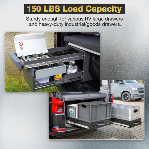 Beefy Heavy Duty Full Extension Drawer Slides With Lock Side Mount Ball Bearing Rails 14 Inch 150 Lb Capacity installed in RV