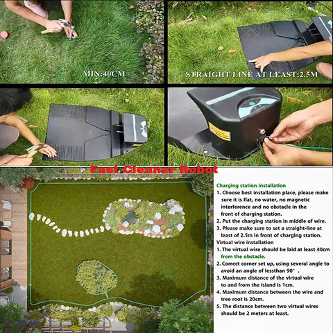 Installation process for Autonomous Robotic Lawn Mower With Auto Charging, Cuts Up To 1300 M2, includes boundary setup.