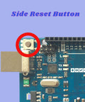 Mega 2560 R3 Arduino Board With ATmega2560 ATmega16U2 USB Serial side reset button close-up, 5V operation, 1000mA output