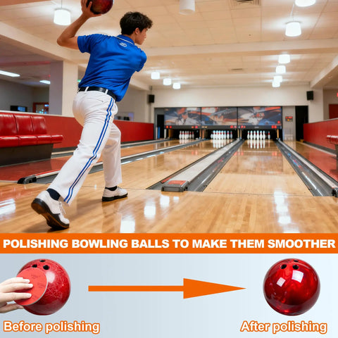 Man bowling with polished ball before and after using Five Inch Sanding Sponge Discs Set With Hook And Loop Backing, 24 Pack