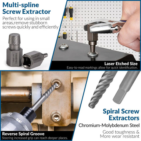 Close-up of 54 Piece Screw And Bolt Extractor Set With Left Hand Drill Bits For Stripped Screws And Broken Bolts, showing multi-spline extractor, laser etched size, and spiral screw extractors.