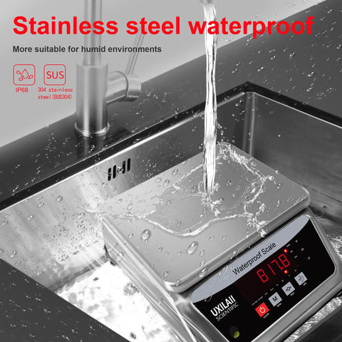 Waterproof Digital Kitchen Scale With Large Stainless Steel Pan, 66 Lb Capacity, shown being washed in a sink.