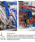 Heavy Duty Brass Tee Barbed Fittings Three Way Connector in use with blue and red hoses for water, fuel, and air lines setup.