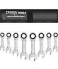 8 Piece Stubby Ratcheting Wrench Set Five Sixteenth Inch To Three Quarter Inch SAE 12 Point 72 Tooth CRV Steel With Roll Up Pouch