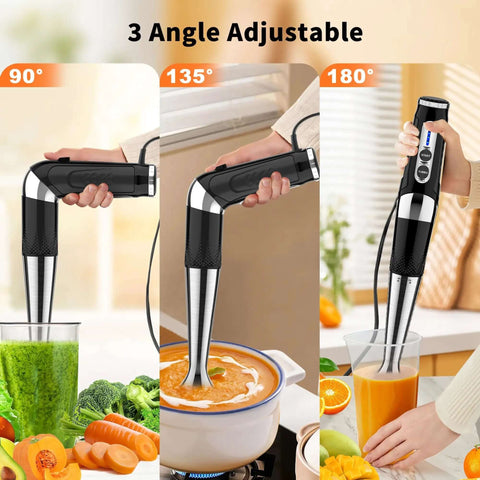 The Badass 21-Speed Handheld Immersion Blender With 3-Angle Adjustable Shaft And Comfortable Grip, showing 90°, 135°, and 180° angles.