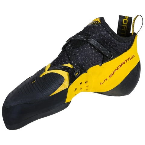 Solution Comp Rock Climbing Shoes For Men, Black Yellow, Size 12.5 US, high performance footwear with laser cut leather, side view