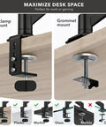 Single Monitor Arm Desk Mount With Super Smooth Tilt And Swivel Fits 13 To 32 Inch Screens, showing C-clamp and grommet mount options.
