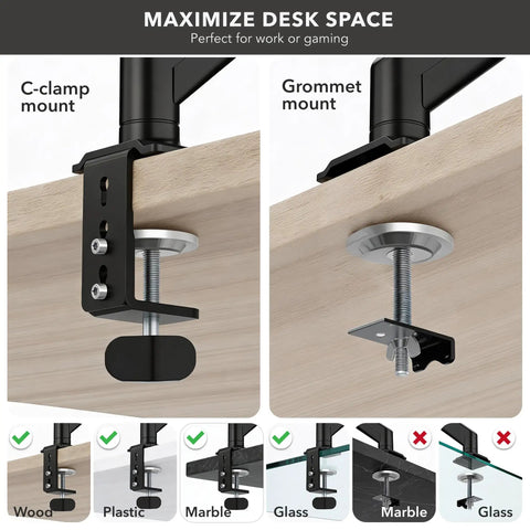 Single Monitor Arm Desk Mount With Super Smooth Tilt And Swivel Fits 13 To 32 Inch Screens, showing C-clamp and grommet mount options.
