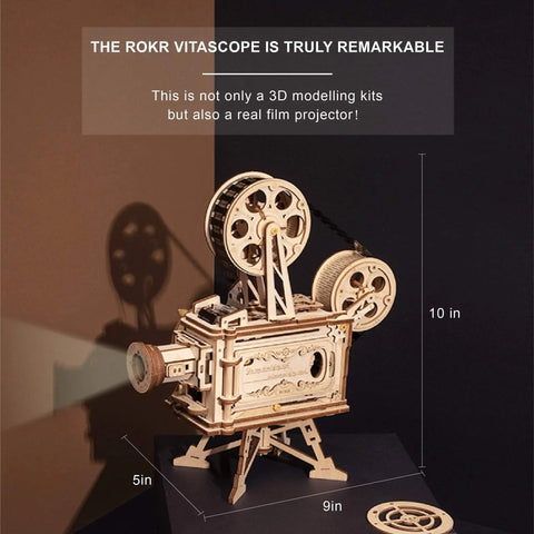 Vitascope 3D Wooden Puzzle Kit For Adults, Mechanical Model Building Set, showing cinema projector dimensions