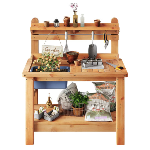 Front view of Solid Fir Wood Outdoor Potting Bench with Large Tabletop, multilevel storage, and removable plastic bin.