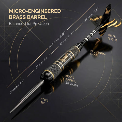 Detailed view of a single dart from the Six Pack Knurled Brass Darts With Steel Tips And Aluminum Shafts In An EVA Case, 20g Precision Barrels, O Ring Seal, And GlideXPro 130 micron Flights No 2 And Slim For Dead On Aiming, Tight Groups, And Customizable Accuracy.