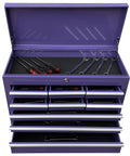 Front view of a Portable Metal Tool Chest With 9 Drawers 24 Inch Cabinet, purple, showing ball bearing drawer slides and tools inside.