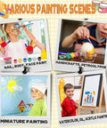Various painting scenes with kids using All In One Totally Kid Friendly Washable Art Set With 280 Pcs Acrylic Paints for crafts