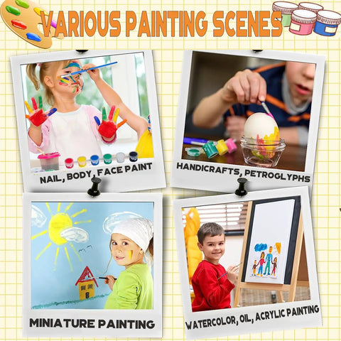Various painting scenes with kids using All In One Totally Kid Friendly Washable Art Set With 280 Pcs Acrylic Paints for crafts
