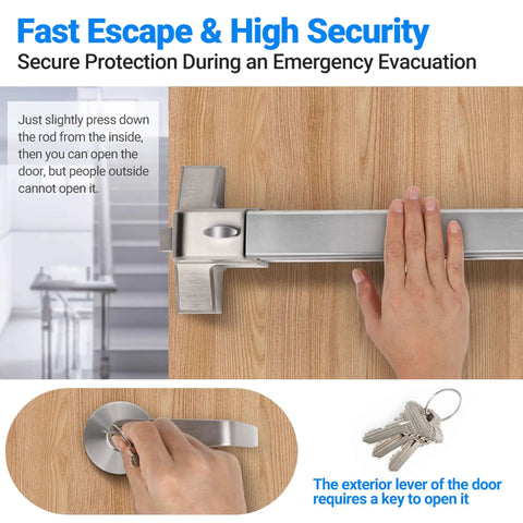 Badass Commercial Door Push Panic Bar with Stainless Steel Lever Handle 31 Inch Exit Device close-up on door using key mechanism.