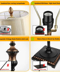 Retro Chic Classic Floor Lamp With Bronze Fabric Shade, Tall Rustic Pole Light components showing lampshade, base, pole, and switch