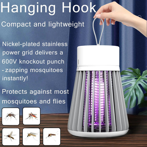 Rechargeable Indoor And Outdoor Bug Zapper With 600V Grid And 365Nm UV Light, Portable design hanging in use, mosquito images.