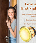 Smiling person at door with 2 Pack Lighted Doorbell Button Replacement Kit No Fuss Plug And Play Easy Install Wired Doorbell