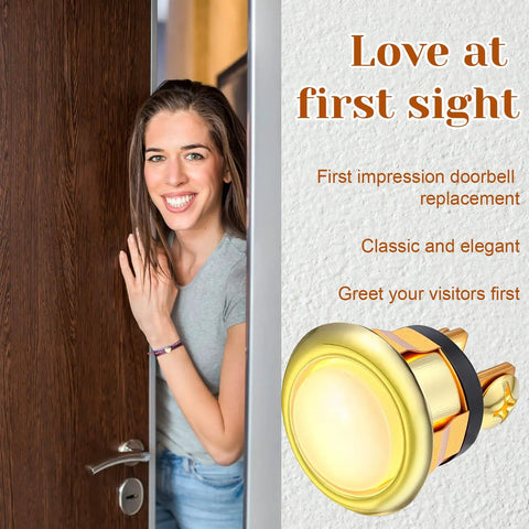 Smiling person at door with 2 Pack Lighted Doorbell Button Replacement Kit No Fuss Plug And Play Easy Install Wired Doorbell