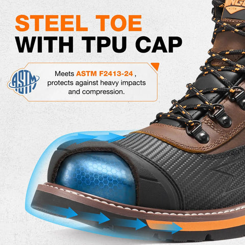 Men's Steel Toe Work Boots With Dual Layer Toe Protection And TPU Shield Non Slip Water And Oil Resistant Safety Boots close-up