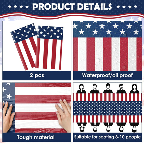 Patriotic Fourth Of July Tablecloth Set Two Pack 54 By 108 Inches Plastic Outdoor Party Cover With American Flag Design details