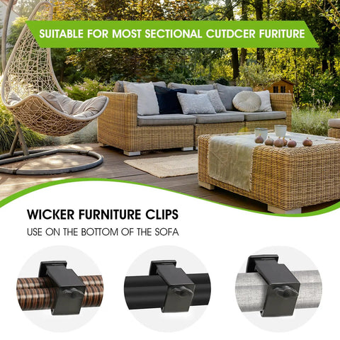 Adjustable Outdoor Furniture Clips For Rattan And Wicker Sectionals displayed with modular couch connectors on a patio