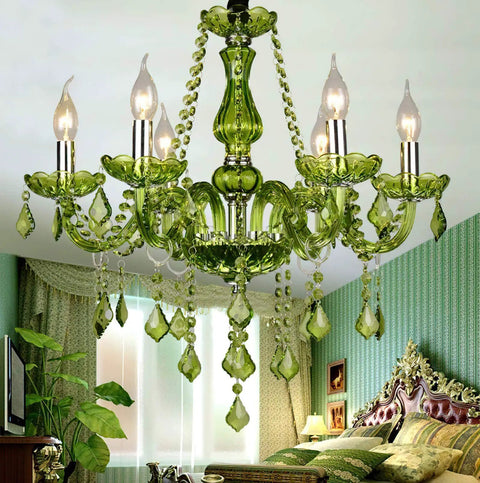 Green K Nine Crystal Candle Chandelier Modern Pendant Light Fixture For Dining Living Room And Bedroom With 6 Lights E12 Base Ceiling Lamp Adjustable 18 Inch Chain UL Listed Elegant Hallway Decor in luxurious bedroom setting with green decor.