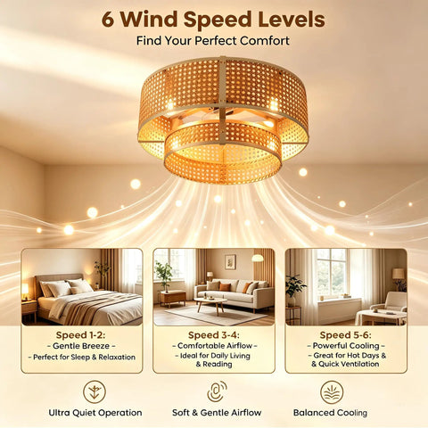 FUMLTP Boho Caged Ceiling Fans with Lights, Remote Control, Flush Mount in 6 wind speed levels illuminating a cozy room.