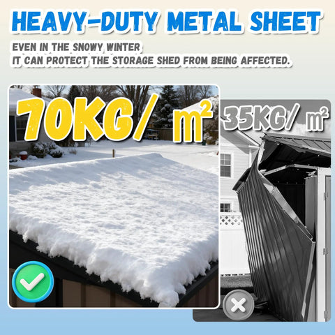 Heavy-duty metal sheet with snow on roof, comparing 8x6 Foot Outdoor Storage Shed With Sloped Roof Metal Garden Tool Shed With Locking Door For Patio Storage Weatherproof Backyard Organization For Tools And Equipment Also Suitable As A Pet House Light Brown