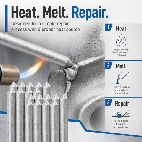 Low Temperature Universal Welding Rods for Metal DIY, showing heat and melting process on metal surface